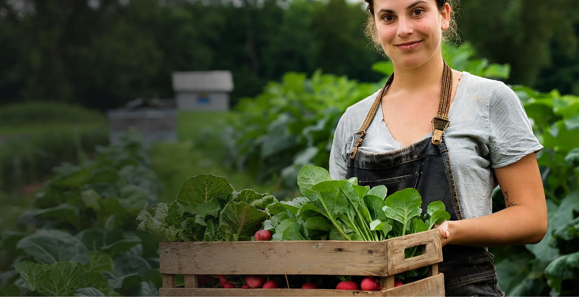 Female farmer holding fresh red radishes background banner